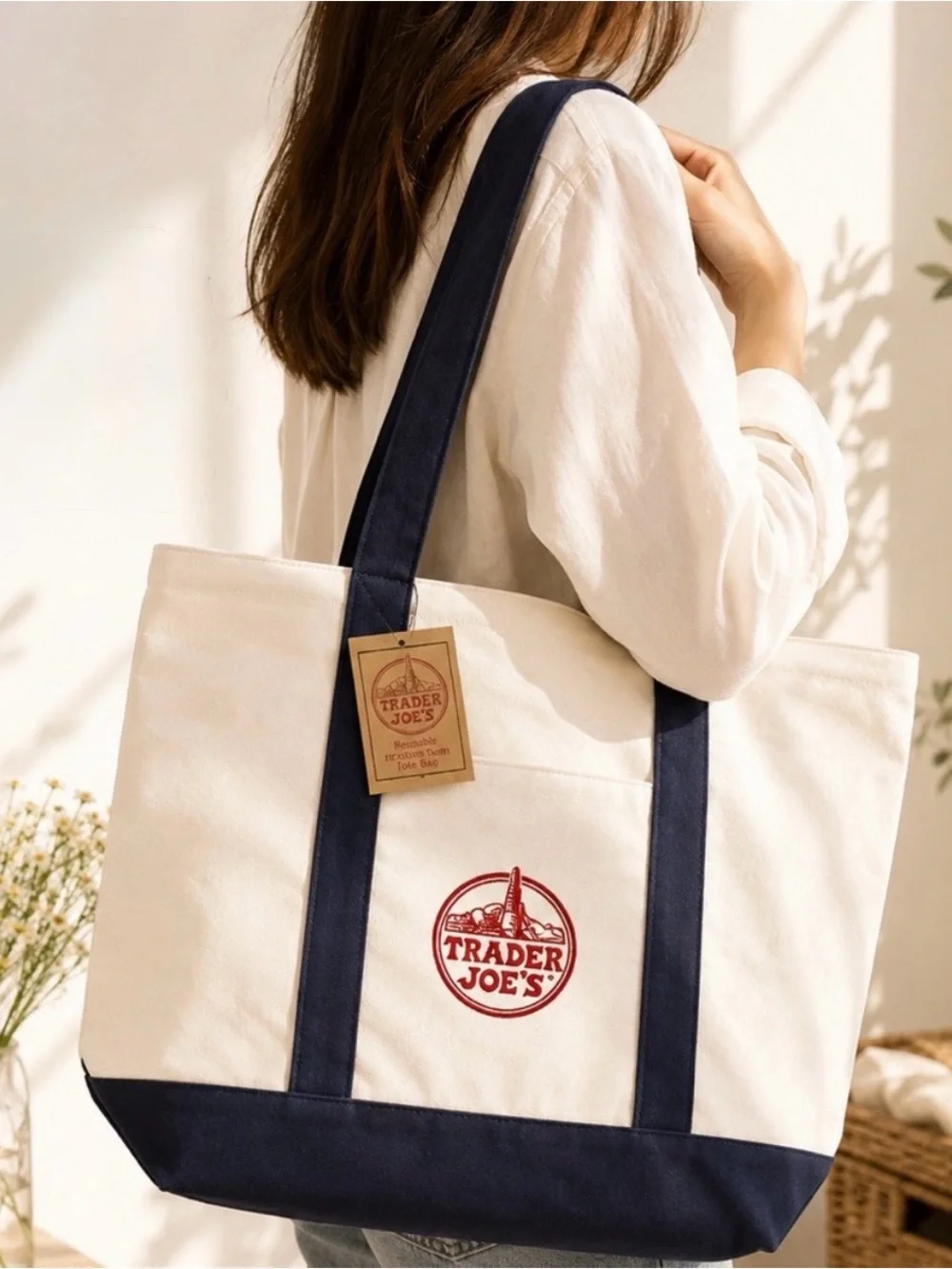 🛍️ VIRAL TRADER JOE’S L CANVAS TOTE BAG | CLASSIC NAVY BLUE | 26’ EDITION | NWT